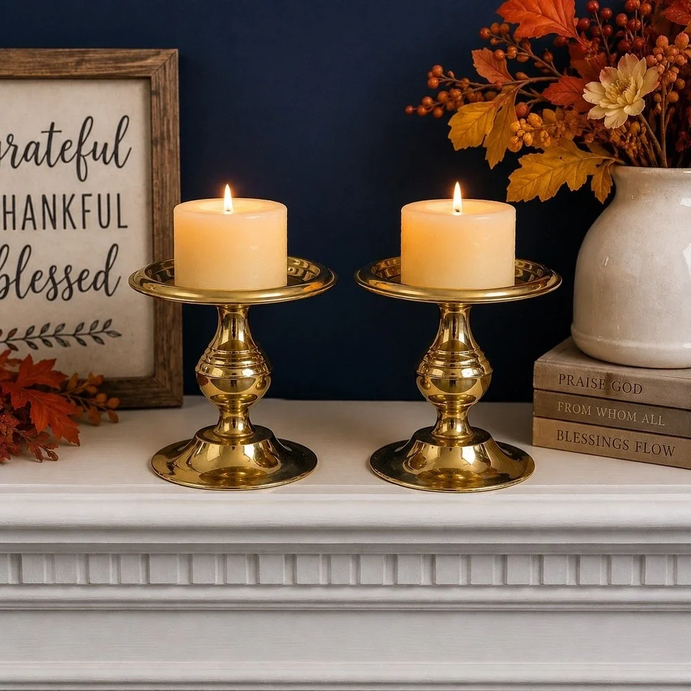 Brass Pillar Candle Holders Set Of 2 Pedestal Farmhouse Traditional Candlesticks